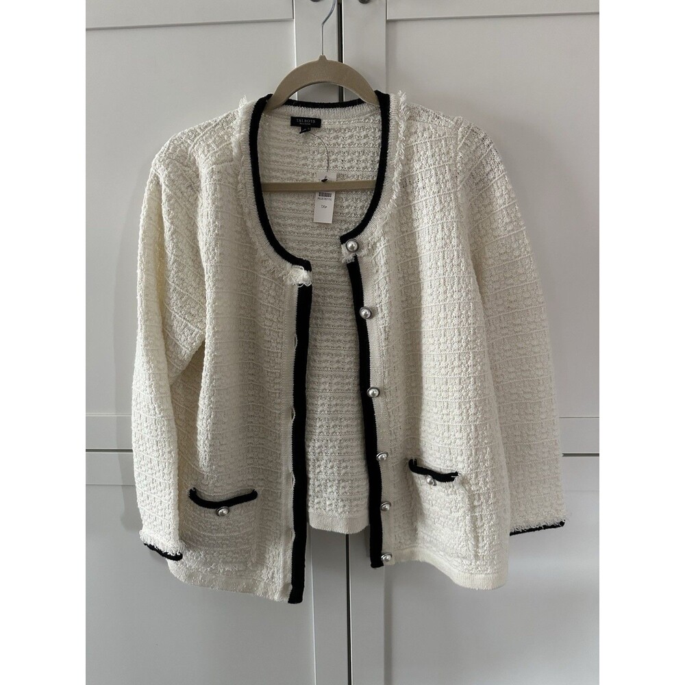 Talbots Women's Size 1Xp Ivory Tweed Fringe Button Front Closure Cardigan NWT